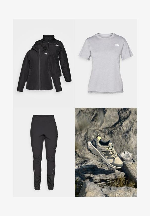 Svart to-i-én-jakke med et vanntett ytterlag og hette, samt et quiltet indre lag. Begge lagene har glidelåslukking og logoer.; Grå kortermet t-skjorte laget av myk, fukttransporterende stoff. Har en rund hals og en liten hvit logo på øvre venstre side.; Svarte utendørsbukser med en tettsittende design, slitesterkt stoff, reflekterende detaljer og panelsting for bedre bevegelse og komfort.; Columbia terrengløpesko i lys beige og grå. Mesh-overdel med teksturdetaljer, gummiyttersåle og reflekterende detaljer. Lett design.