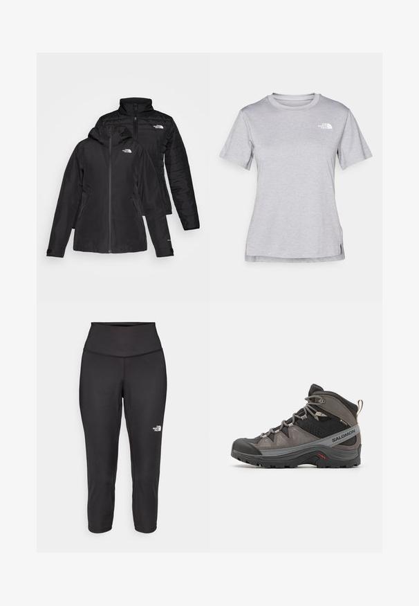 Melnā divu vienā jakā ir ūdensnecaurlaidīgs ārējais slānis ar kapuci un quiltēts iekšējais slānis. Abiem slāņiem ir rāvējslēdzēju aizdare un logotipi.; Pelēks īsām piedurknēm T-krekls, kas izgatavots no mīksta, mitrumu noturoša auduma. Tam ir apaļš kakls un neliels balts logo kreisajā augšējā stūrī.; Melnas kapri legingu bikses, kas izgatavotas no elastīga auduma, ar augstu jostasvietu un mazu baltu logo kreisajā pusē. Gluda tekstūra.; Pelēki un melni vidēja augstuma pārgājienu zābaki ar biezu zoli, ar rakstainām auklām, "Salomon" logotipu un Gore-Tex etiķeti, parādīti no ārējās puses.