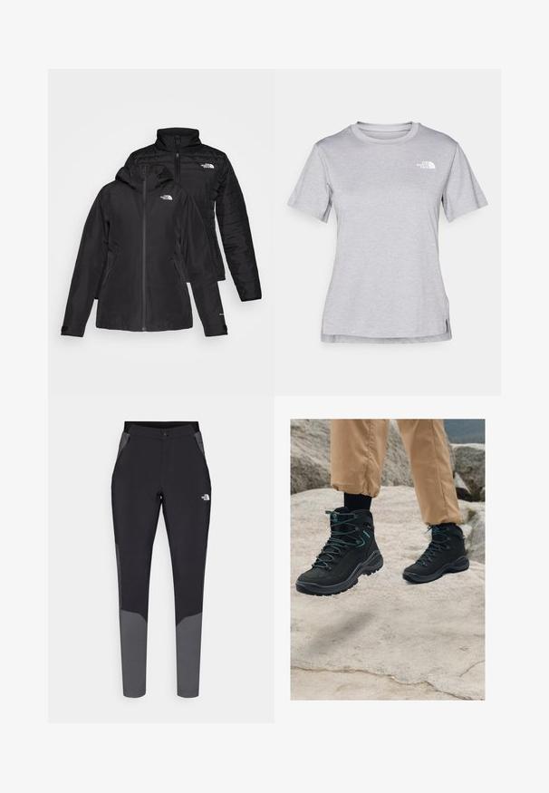 Fekete, két az egyben dzseki, vízálló külső résszel, kapucnival és bélelt belső résszel. Mindkét réteg cipzáros záródással és logókkal rendelkezik.; Szürke, rövid ujjú póló, puha, nedvességet elvezető anyagból készült. Kerek nyakú, és egy kis fehér logó található a bal felső részen.; Fekete outdoor nadrág szürke részletekkel, testhez simuló fazonnal, elasztikus derékrésszel, cipzáras zsebekkel és tartós, könnyű anyaggal.; Fekete túrázócipők, textúrált anyaggal, masszív kialakítással, kék díszítésekkel és tartós talppal, sziklás terepen elhelyezve.