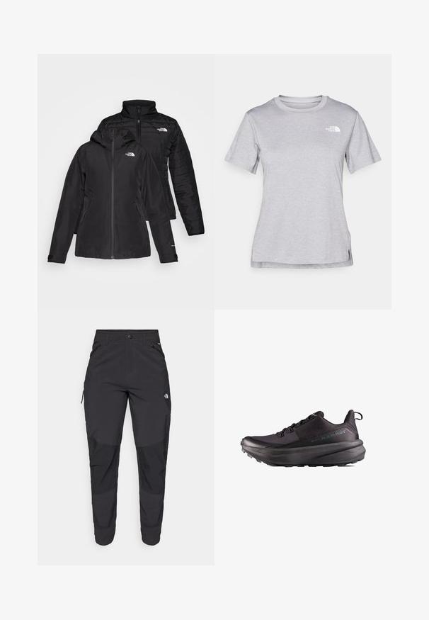 Casaco preto dois em um com uma camada externa à prova d'água e capuz, e uma camada interna acolchoada. Ambas as camadas têm fechos de zíp e logótipos.; T-shirt cinza de mangas curtas feito de um tecido suave e que absorve a humidade. Apresenta um decote redondo e um pequeno logotipo branco na parte superior esquerda.; Calças pretas para exterior feitas de um tecido resistente. Apresentam bolsos com fecho, painéis de joelhos reforçados e um design de corte reto para maior mobilidade.; Sapatilhas de desporto pretas com um upper respirável, sola texturizada e uma entressola acolchoada proeminente. Inclui uma alça de puxar e um design com atacadores.