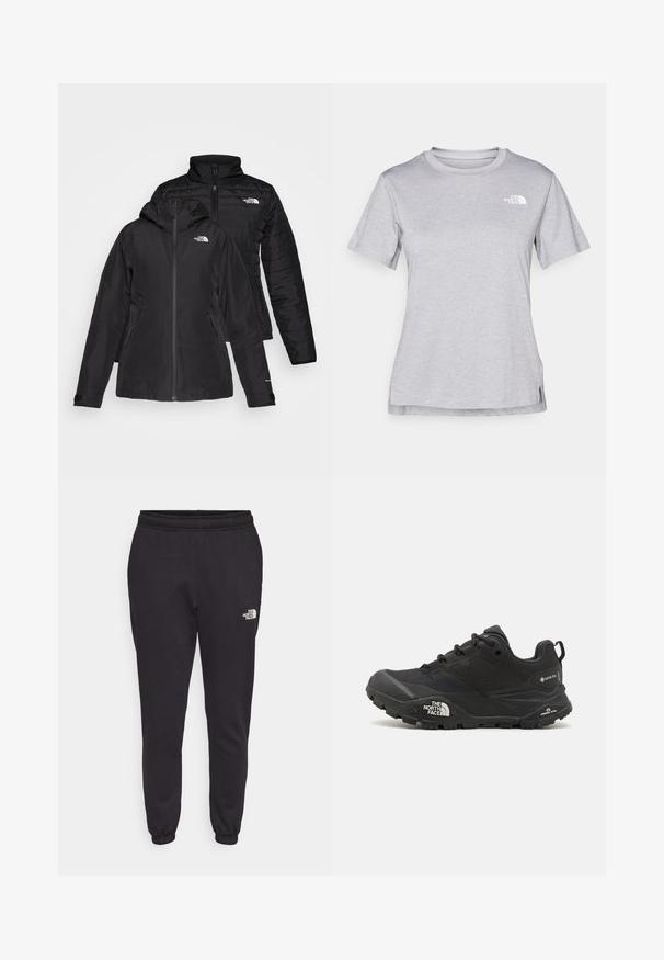 Schwarze Zwei-in-Eins-Jacke mit einer wasserdichten Außenlage und einer Kapuze sowie einer wattierten Innenlage. Beide Lagen verfügen über einen Reißverschluss und Logos.; Graues T-Shirt mit kurzen Ärmeln aus weichem, feuchtigkeitsableitendem Stoff. Hat einen Rundhalsausschnitt und ein kleines weißes Logo auf der oberen linken Seite.; Schwarze Jogginghosen aus weichem Baumwollmix. Sie verfügen über einen elastischen Bund, ein schmal zulaufendes Bein-Design und ein kleines weißes Logo auf der unteren rechten Seite.; Schwarzer Wanderschuh mit einer strukturierten Oberfläche, Schnürverschluss und einer massiven Gummisohle, die auf der Seite ein ausgeprägtes Logo sowie Profilmuster zeigt.
