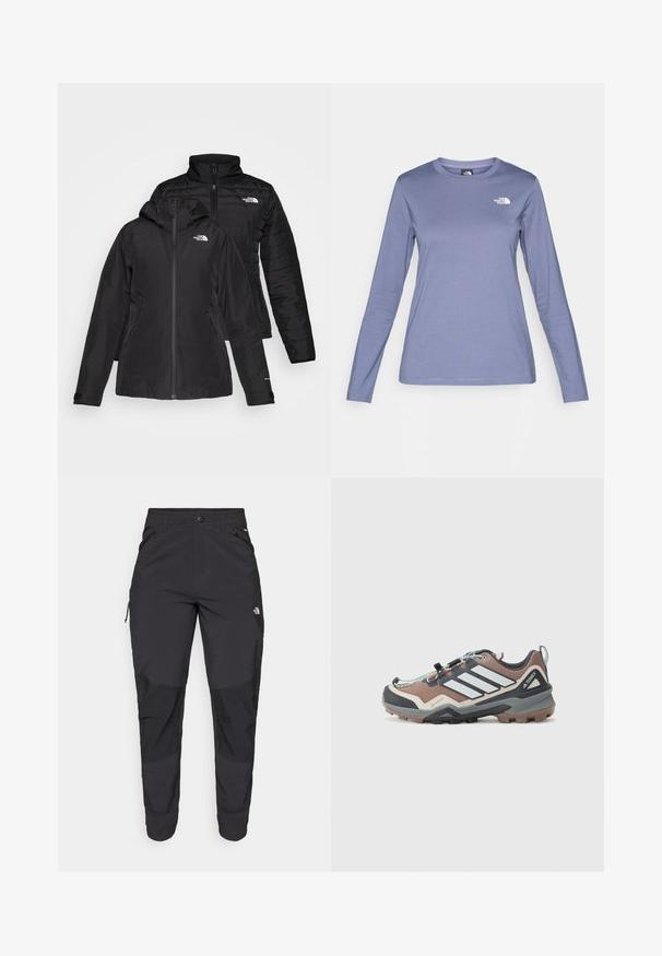 Chaqueta negra dos en uno con una capa exterior impermeable y capucha, y una capa interior acolchada. Ambas capas tienen cierres de cremallera y logotipos.; Camisa de manga larga en tejido morado claro, con cuello redondo y el logo de The North Face en blanco en el lado izquierdo del pecho. Textura suave, corte casual.; Pantalones exteriores negros hechos de tela duradera. Cuentan con bolsillos con cremallera, refuerzos en las rodillas y un diseño de corte recto para mayor movilidad.; Zapatilla de senderismo ligera en marrón y gris con una parte superior texturizada, suela de goma, franjas reflectantes y un sistema de cordones con cierre de toggle. Etiqueta Gore-Tex visible.