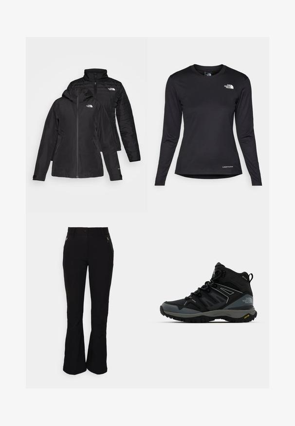 Juodas dvi viename džemperis, turintis nepralaidų išorinį sluoksnį su gobtuvu ir siuvinėtą vidinį sluoksnį. Abu sluoksniai turi užtrauktukų uždarymus ir logotipus.; The North Face SHADOW LONG SLEEVE - Ilgarankovis viršutinės dalies drabužis - black; Juodos kelnės su prigludusia juosmens dalimi, dviem užtrauktukais uždaromomis priekinių kišenėmis ir platėjančiais apačios kraštais. Lygus, elastingas audinys su subtiliomis siuvimo detalėmis.; Vidutinio aukščio žygių batai juodos ir pilkos spalvos. Ypatumai: tekstūruota viršutinė dalis, sustiprinta nosis ir Vibram padas, užtikrinantis sukibimą. Lengvas dizainas.