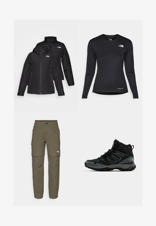 Svart to-i-én-jakke med et vanntett ytterlag og hette, samt et quiltet indre lag. Begge lagene har glidelåslukking og logoer.; The North Face SHADOW LONG SLEEVE - Topper langermet - black; Zip-off cargo bukser i olivengrøn, lavet af letvægtsstof; har to frontlommer, et logo på venstre ben og lynlås-lukninger ved knæene.; Mellomhøy tursko i svart og grått. Har en teksturert overdel, forsterket tå og Vibram såle for bedre grep. Lett design.