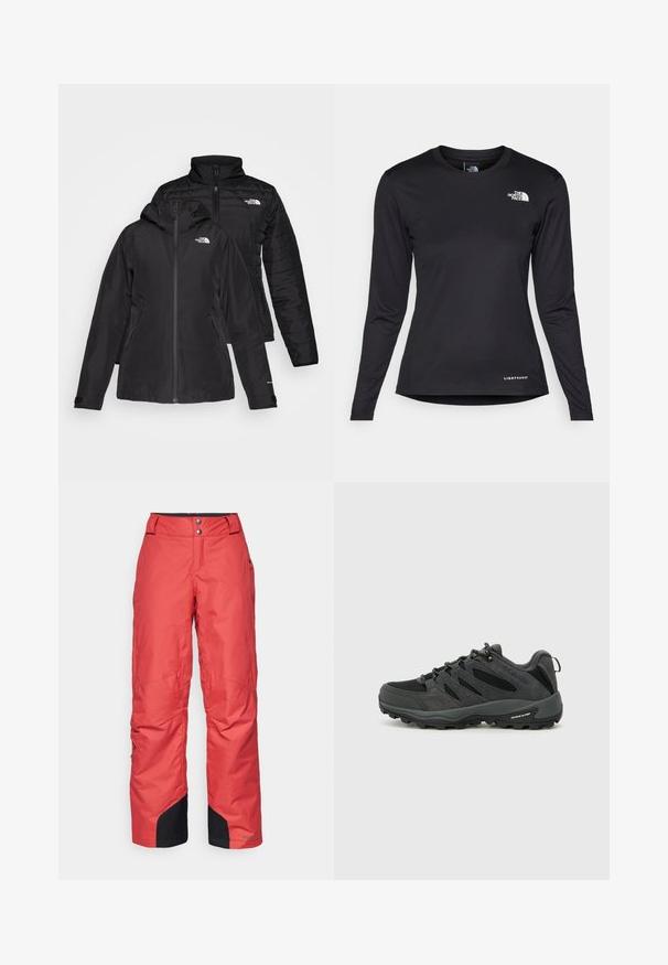 Zwarte twee-in-een jas met een waterdichte buitenlaag met capuchon en een gewatteerde binnenlaag. Beide lagen hebben ritssluitingen en logo's.; The North Face SHADOW LONG SLEEVE - Longsleeve - black; Rode sneeuwbroek met een gladde textuur, wijde pijpenontwerp en zwarte accenten bij de boorden. Vastgemaakt met twee knopen bij de taille.; Columbia REDMOND - Outdoorschoenen - black/citron haze