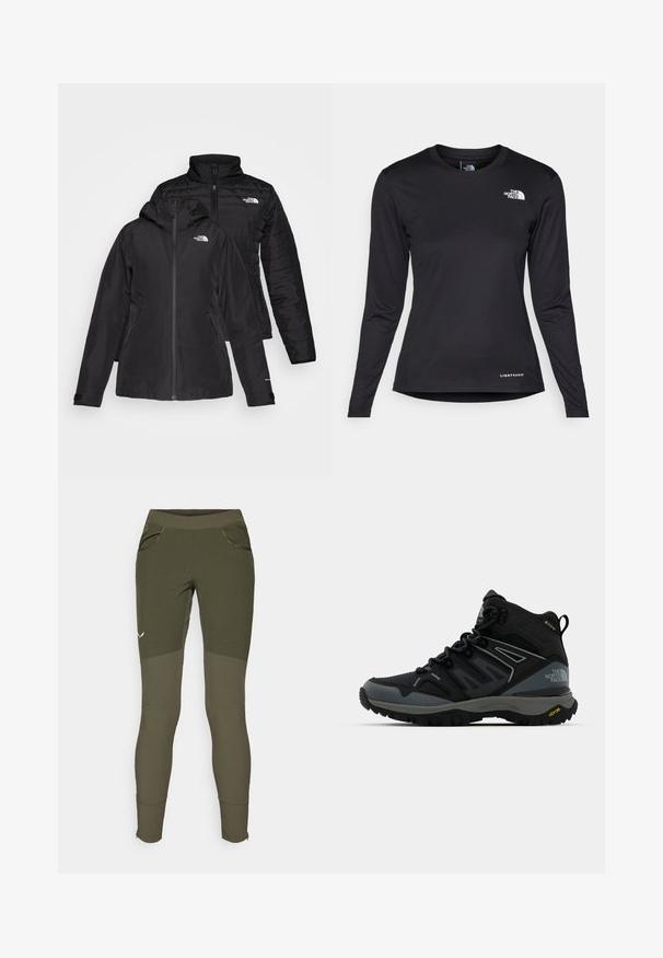 Jachetă neagră 2 în 1, cu un strat exterior impermeabil, dotat cu glugă și un strat interior căptușit. Ambele straturi au închidere cu fermoar și logo-uri.; The North Face SHADOW LONG SLEEVE - Bluză cu mânecă lungă - black; Pantaloni atletici de culoare verde măslin, cu un design texturat, două buzunare laterale, o croială strânsă și manșete cu fermoar pentru ajustarea deschiderii picioarelor.; Bocanci de drumeție de înălțime medie în culori negre și gri. Dispune de un material superior texturat, vârf întărit și talpa Vibram pentru tracțiune. Design ușor.