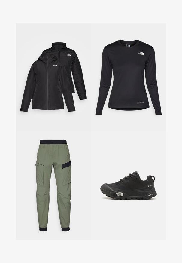 Chaqueta negra dos en uno con una capa exterior impermeable y capucha, y una capa interior acolchada. Ambas capas tienen cierres de cremallera y logotipos.; The North Face SHADOW LONG SLEEVE - Camiseta de manga larga - black; Pantalones cargo en verde oliva claro, con una cinturilla elástica negra, dos grandes bolsillos laterales y una tela elegante y resistente al agua.; Zapatilla de senderismo negra con parte superior texturizada, cierre de cordones y una suela de goma gruesa que presenta un logotipo prominente en el lado y patrones de tracción.