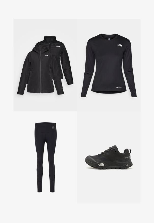 Zwarte twee-in-een jas met een waterdichte buitenlaag met capuchon en een gewatteerde binnenlaag. Beide lagen hebben ritssluitingen en logo's.; The North Face SHADOW LONG SLEEVE - Longsleeve - black; Zwarte sportleggings met een hoge tailleband, met een logo aan de voorkant, een gladde textuur en een aansluitend ontwerp.; Zwarte wandelschoen met een gestructureerde bovenkant, vetersluiting en een stevige rubberen zool met een opvallend logo aan de zijkant en profielpatronen.