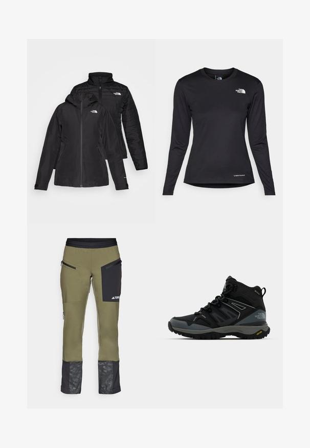Fekete, két az egyben dzseki, vízálló külső résszel, kapucnival és bélelt belső résszel. Mindkét réteg cipzáros záródással és logókkal rendelkezik.; The North Face SHADOW LONG SLEEVE - Hosszú ujjú felső - black; Zöld technikai nadrág fekete részletekkel, cipzáras zsebekkel és mintás alsó lábrésszel. Rugalmas, tartós anyagból készült.; Félmagas túrabakancs fekete és szürke színben. Jellemzője a texturált felsőrész, megerősített orr és Vibram talp a tapadás érdekében. Könnyű kialakítás.