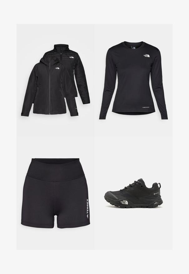 Fekete, két az egyben dzseki, vízálló külső résszel, kapucnival és bélelt belső résszel. Mindkét réteg cipzáros záródással és logókkal rendelkezik.; The North Face SHADOW LONG SLEEVE - Hosszú ujjú felső - black; Fekete sportnadrág sima, nyújtható anyagból, magas derékkal. A jobb alsó sarokban fehér "TERREX" logó található.; Fekete túrázó cipő texturált felsőrésszel, fűzős záródással és vastag gumitalppal, mely oldalán egy kiemelkedő logó és mintázott talpkialakítás található.