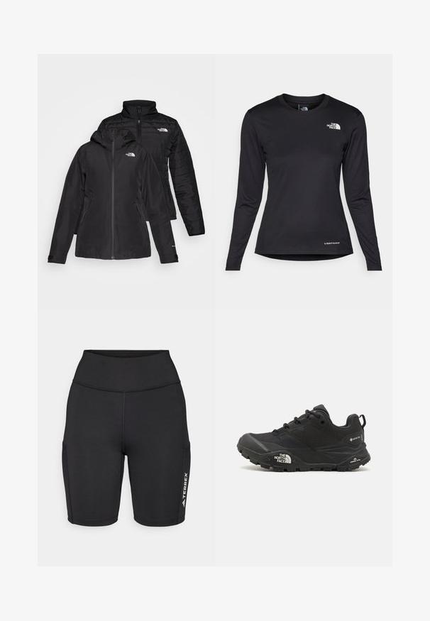 Fekete, két az egyben dzseki, vízálló külső résszel, kapucnival és bélelt belső résszel. Mindkét réteg cipzáros záródással és logókkal rendelkezik.; The North Face SHADOW LONG SLEEVE - Hosszú ujjú felső - black; Fekete atlétikai rövidnadrág rugalmas anyagból, magas derékkal, oldalsó zsebekkel és egy fehér logóval az egyik lábon.; Fekete túrázó cipő texturált felsőrésszel, fűzős záródással és vastag gumitalppal, mely oldalán egy kiemelkedő logó és mintázott talpkialakítás található.