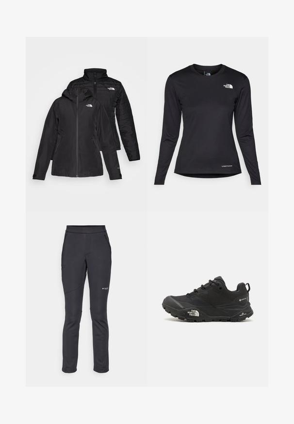 Čierna dvojvrstvová bunda s vodeodolnou vonkajšou vrstvou a kapucňou a prešívanou vnútornou vrstvou. Obe vrstvy majú zipsy a logá.; The North Face SHADOW LONG SLEEVE - Top s dlhým rukávom - black; Čierne softshellové nohavice so štíhlym strihom, elastickým pásom, bočnými zipsovými vreckami a prešívanými detailami na nohách pre zvýšenú odolnosť.; Čierna turistická obuv s textúrovaným povrchom, šnurovaním a masívnou gumovou podrážkou, na strane so zreteľným logom a vzormi na protišmykovú trakciu.