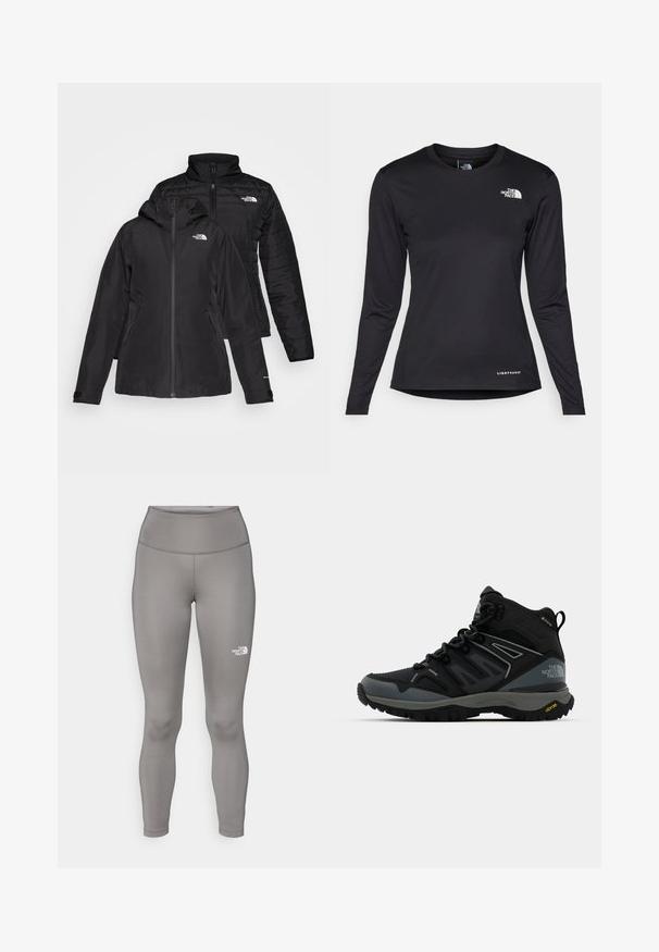 Svart to-i-én-jakke med et vanntett ytterlag og hette, samt et quiltet indre lag. Begge lagene har glidelåslukking og logoer.; The North Face SHADOW LONG SLEEVE - Topper langermet - black; Grå tights laget av et elastisk materiale, med høy midje og Northern Face-logoen i hvitt på venstre ben.; Mellomhøy tursko i svart og grått. Har en teksturert overdel, forsterket tå og Vibram såle for bedre grep. Lett design.