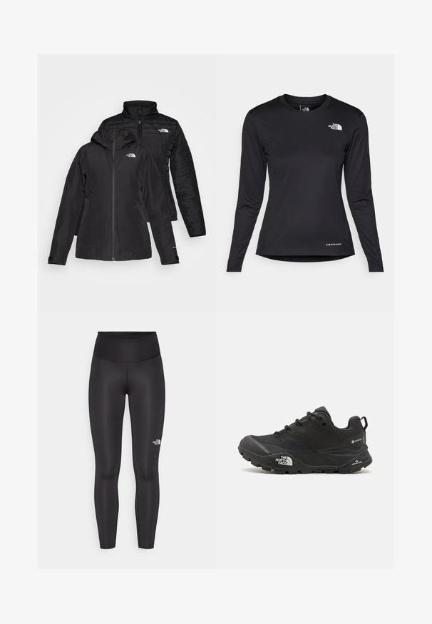 Čierna dvojvrstvová bunda s vodeodolnou vonkajšou vrstvou a kapucňou a prešívanou vnútornou vrstvou. Obe vrstvy majú zipsy a logá.; The North Face SHADOW LONG SLEEVE - Top s dlhým rukávom - black; Čierne legíny vyrobené z hladkej, elastickej látky. Vysoký pás so subtilnou potlačou loga na ľavej nohe. Žiadne viditeľné švy.; Čierna turistická obuv s textúrovaným povrchom, šnurovaním a masívnou gumovou podrážkou, na strane so zreteľným logom a vzormi na protišmykovú trakciu.