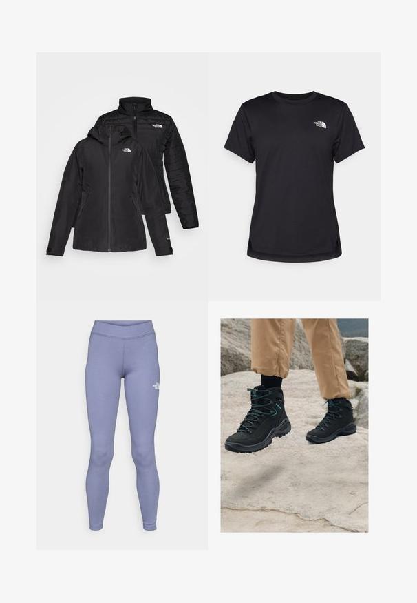 Svart to-i-én-jakke med et vanntett ytterlag og hette, samt et quiltet indre lag. Begge lagene har glidelåslukking og logoer.; The North Face FLEX SHORT SLEEVES TEE - T-skjorte til trening - black; Blå treningsleggings laget av myk, elastisk stoff. Har høyt liv og en liten hvit logo på venstre lår.; Sorte tursko med teksturert materiale, solid design, blå detaljer og holdbare såler, plassert på steinete terreng.