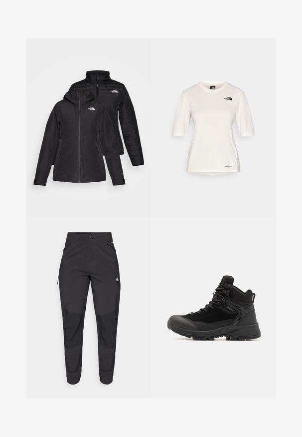 Melnā divu vienā jakā ir ūdensnecaurlaidīgs ārējais slānis ar kapuci un quiltēts iekšējais slānis. Abiem slāņiem ir rāvējslēdzēju aizdare un logotipi.; The North Face SHADOW SHORT SLEEVE - Sporta krekli - white dune; Melnas āra bikses, kas izgatavotas no izturīgas auduma. Tām ir kabatas ar rāvējslēdzējiem, pastiprināti ceļu paneļi un taisna griezuma dizains, kas nodrošina kustību brīvību.; Melni kāpšanas zābaki, kas izgatavoti no sintētiskajiem materiāliem un zamšādas, ar augstu dizainu, pastiprinātu purngala daļu, teksturētu zoli un auklām.