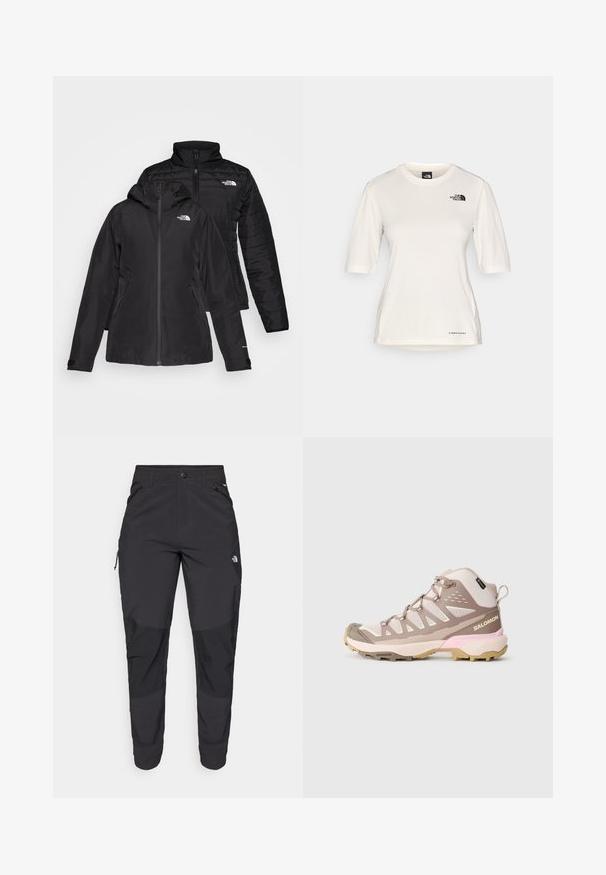 Black two-in-one jacket featuring a waterproof outer layer with a hood and a quilted inner layer. Both layers have zip closures and logos.; The North Face SHADOW SHORT SLEEVE - Sports T-shirt - white dune; Black outdoor pants made of durable fabric. Feature zippered pockets, reinforced knee panels, and a straight cut design for mobility.; Light pink mid-cut hiking shoe with a breathable mesh upper, brown accents, textured outsole, and reinforced toe cap. Features Salomon branding.