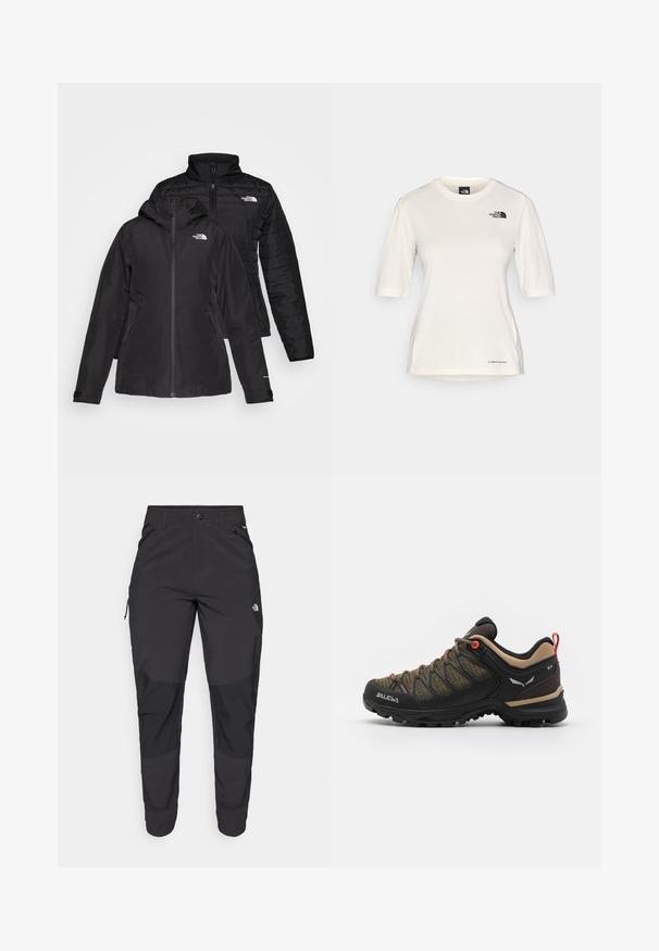 Schwarze Zwei-in-Eins-Jacke mit einer wasserdichten Außenlage und einer Kapuze sowie einer wattierten Innenlage. Beide Lagen verfügen über einen Reißverschluss und Logos.; The North Face SHADOW SHORT SLEEVE  - Sport T-Shirt - white dune; Schwarze Outdoor-Hosen aus strapazierfähigem Material. Verfügen über Reißverschlusstaschen, verstärkte Knieeinsätze und ein gerades Design für Beweglichkeit.; Schwarzer und brauner Wanderschuh mit einer Oberseite aus Mesh, roten Akzenten, verstärktem Zehenbereich und einer strukturierten Gummisohle für besseren Grip.