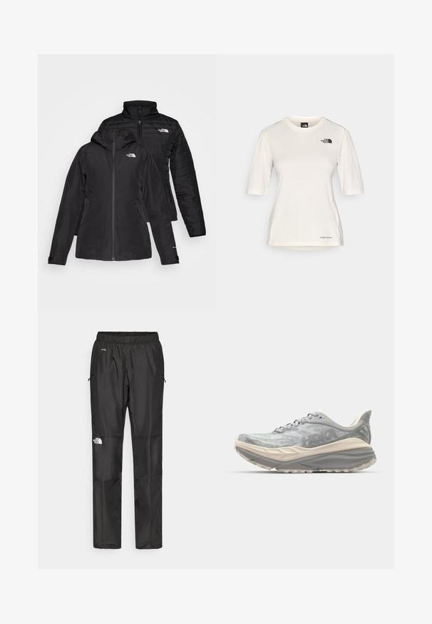 Črna jakna dva-v-enem, ki ima vodoodporen zunanji sloj s kapuco in prešito notranjo plast. Obe plasti imata zadrge in logotipe.; The North Face SHADOW SHORT SLEEVE - Športne majice - white dune; Črne nepremočljive hlače iz lahkega materiala, z elastičnim pasom, stranskimi žepi in logotipom na levi nogi.; Svetlo sivi patiki za trčanje z mrežastim zgornjim delom z teksturo, debelim oblazinjenim podplatom in ojačano peto. Imajo ravne vezalke in subtilen logo.