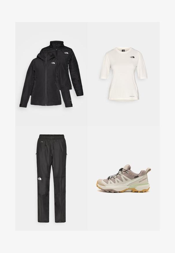 Crna dvoslojna jakna s vodootpornim vanjskim slojem s kapuljačom i podstavljenim unutarnjim slojem. Oba sloja imaju zatvarače i logotipe.; The North Face SHADOW SHORT SLEEVE - Sportska majica - white dune; Crne vodootporne hlače napravljene od lagane tkanine, s elastičnim pojasom, bočnim džepovima i logotipom na lijevoj nozi.; Lagani planinarski tenisici s bež i mint zelenim dizajnom. Teksturna gornja površina, gumeni potplat, brzi sustav vezanja i kontrastne žute akcenti.