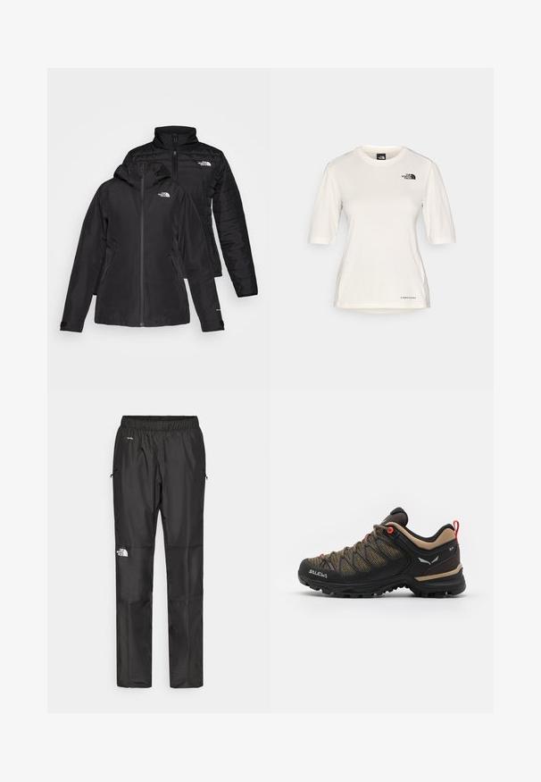 Sort to-i-én jakke med et vandtæt yderlag med hætte og et quiltet inderlag. Begge lag har lynlåslukninger og logoer.; The North Face SHADOW SHORT SLEEVE - Sports T-shirts - white dune; Sorte vandtætte bukser lavet af letvægtsstof, med elastisk talje, sidelommer og et logo på venstre ben.; Sort og brun vandresko med en mesh-overdel, røde detaljer, forstærket tå og en tekstureret gummisåle for godt greb.