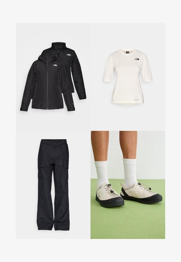 Veste noire deux-en-un avec une couche extérieure imperméable dotée d'une capuche et une couche intérieure matelassée. Les deux couches ont des fermetures à glissière et des logos.; The North Face SHADOW SHORT SLEEVE - T-shirt de sport - white dune; Columbia BREA FALLS™ COTTON RIPSTOP PANT - Pantalons outdoor - black; Des chaussures beiges avec des accents noirs, des panneaux latéraux en maille et un système de laçage sécurisé à réglage rapide. Semelles en caoutchouc épaisses avec un motif de semelle. Portées avec des chaussettes blanches.