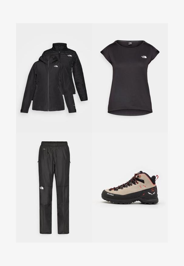 Juodas dvi viename džemperis, turintis nepralaidų išorinį sluoksnį su gobtuvu ir siuvinėtą vidinį sluoksnį. Abu sluoksniai turi užtrauktukų uždarymus ir logotipus.; The North Face TANKEN TANK - Sportiniai marškinėliai trumpomis rankovėmis - black; Juodi nepralaidūs vandeniui kelnių, pagamintų iš lengvos medžiagos, su elastingu juosmeniu, šoninėmis kišenėmis ir logotipu kairiajame šone.; Vyriški žygio batai su smėlio spalvos zomšiniu viršumi, juodu guminiai padu, raudonais akcentais ir raištelių dizainu, užtikrinančiu tvirtą prigludimą.