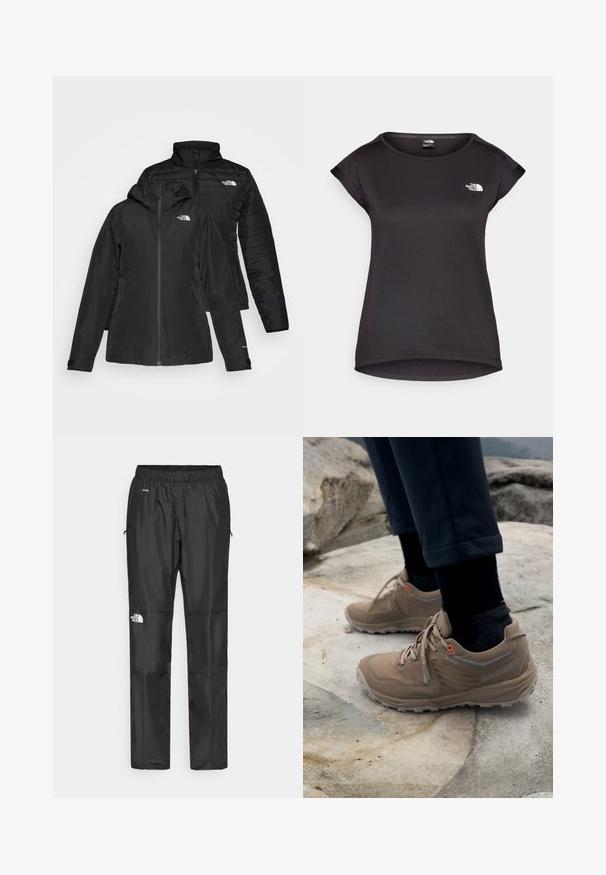 Fekete, két az egyben dzseki, vízálló külső résszel, kapucnival és bélelt belső résszel. Mindkét réteg cipzáros záródással és logókkal rendelkezik.; The North Face TANKEN TANK - Sportfelső - black; Fekete vízálló nadrág könnyű anyagból, rugalmas derékkal, oldalsó zsebekkel és logóval a bal lábon.; Beige túracipők, velúrból és hálós anyagból, szürke részletekkel és élénk narancssárga fűzőlyukakkal. Gore-Tex logó látható az oldalon.