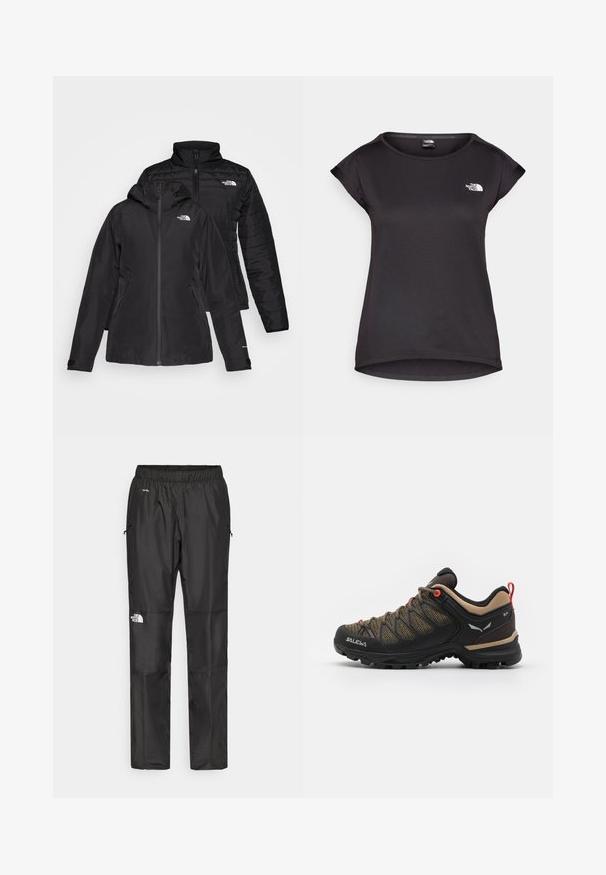 Zwarte twee-in-een jas met een waterdichte buitenlaag met capuchon en een gewatteerde binnenlaag. Beide lagen hebben ritssluitingen en logo's.; The North Face TANKEN TANK - Sport T-shirt - black; Zwarte waterdichte broek van lichtgewicht stof, uitgerust met een elastische tailleband, zijzakken en een logo op het linkerpijp.; Zwarte en bruine wandelschoen met een mesh bovenwerk, rode accenten, verstevigde neus en een getextureerde rubberen zool voor grip.