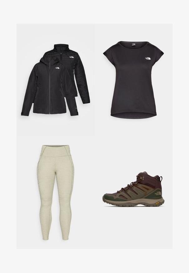 Black two-in-one jacket featuring a waterproof outer layer with a hood and a quilted inner layer. Both layers have zip closures and logos.; The North Face TANKEN TANK - Sports T-shirt - black; Light grey athletic leggings with a high waistband, textured material, smooth stitching, and side pocket detail. Fitted design throughout.; Brown and green hiking boot with mesh panels, rubber sole, and support features. Includes textured surface and prominent lacing system.
