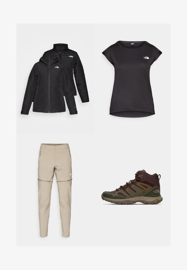 Juodas dvi viename džemperis, turintis nepralaidų išorinį sluoksnį su gobtuvu ir siuvinėtą vidinį sluoksnį. Abu sluoksniai turi užtrauktukų uždarymus ir logotipus.; The North Face TANKEN TANK - Sportiniai marškinėliai trumpomis rankovėmis - black; Šviesiai rudi, lengvi lauko šortai su užtraukiamais kišenėmis ir galimybe pasikeisti į šortus. Lygus audinys, prisitaikantis dizainas.; Rudos ir žali žygio batai su tinklelio panelėmis, guminiais padais ir palaikymo funkcijomis. Įtraukta tekstūruota paviršius ir ryškus raištelių sistema.