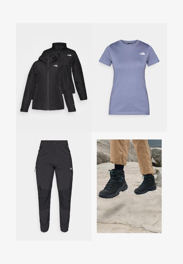 Must musta kahe-osaline jakk, millel on veekindel välimine kihte kapuutsiga ja sooja voodriga sisemine kihte. Mõlemal kihil on lukuga kinnitused ja logod.; Heledalt lavendli lühikeste varrukatega t-särk, mis on valmistatud puuvillast, ümarat kaelust ja rinnal väike valge logo. Sile tekstuur.; Must black välitingimustes püksid, mis on valmistatud vastupidavast kangast. Omavad lukugaTaskuid, tugevdatud põlvepaneele ja sirget lõiget liikuvuse tagamiseks.; Mustad musta värvi matka-saapad tekstuuriga materjaliga, vastupidav disain, sinised aktsendid ja kestvad tallad, paigutatud kivistele aladele.