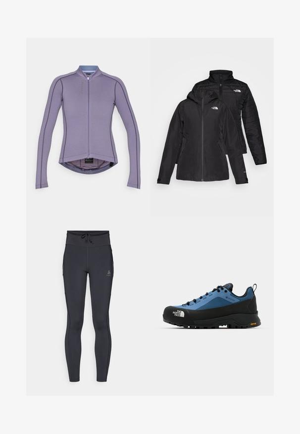 Giacca nera due in uno con uno strato esterno impermeabile dotato di cappuccio e uno strato interno trapuntato. Entrambi gli strati presentano chiusure con zip e loghi.; Maglia da ciclismo a maniche lunghe di colore viola, con colletto alto, zip frontale e cuciture a contrasto. Presenta un orlo arrotondato e un tessuto traspirante.; Leggings grigio scuro con vita alta, chiusura con cordino e tasche laterali. Realizzati in materiale elasticizzato con un leggero branding.; Scarpe da trekking blu e nere con design impermeabile, tessuto testurizzato e suola in gomma Vibram per una presa e una durata migliorate.