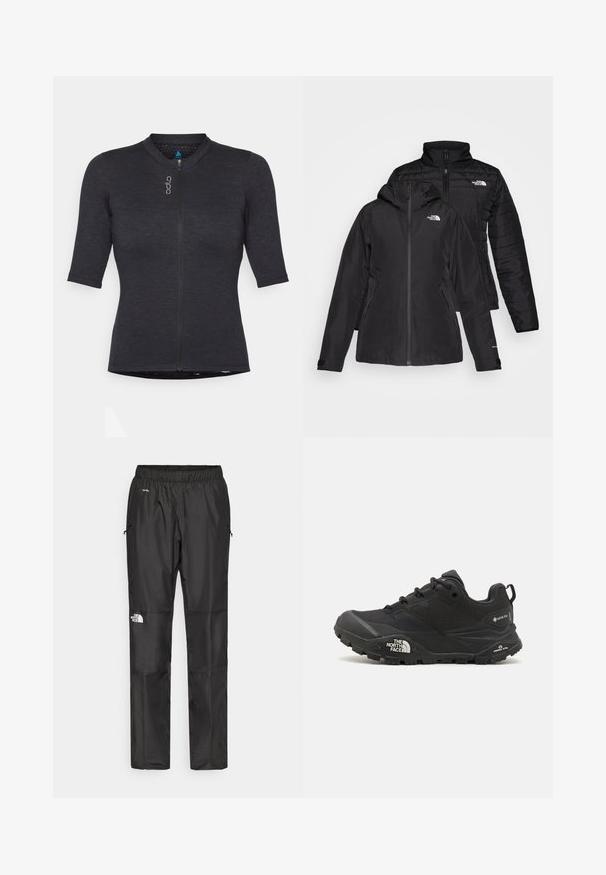Černá dvoudílná bunda s voděodolnou vnější vrstvou a kapucí a prošívanou vnitřní vrstvou. Obě vrstvy mají zipové uzávěry a loga.; Krátký rukáv černé sportovní tričko vyrobené z texturované látky; má přední zip a kulatý výstřih s jemným detailem loga.; Černé voděodolné kalhoty vyrobené z lehkého materiálu, mají elastický pas, boční kapsy a logo na levé noze.; Černá turistická bota s texturovaným svrškem, šněrováním a masivní gumovou podrážkou, která má výrazné logo po straně a vzory na podrážce.