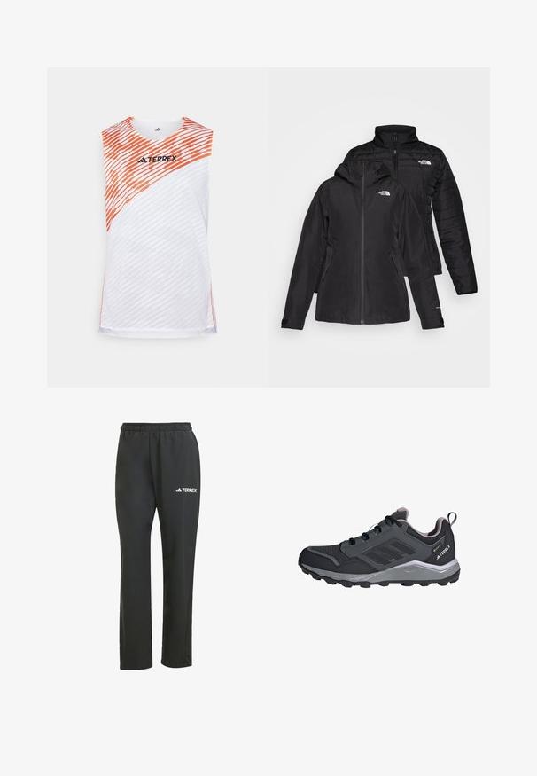 Črna jakna dva-v-enem, ki ima vodoodporen zunanji sloj s kapuco in prešito notranjo plast. Obe plasti imata zadrge in logotipe.; Bela brezrokavna športna majica z oranžnimi diagonalnimi črtami, strukturirano površino in logotipom "TERREX" na zgornjem sprednjem delu.; Črne lahke hlače z elastičnim pasom. Imajo subtilen bel logotip "TERREX". Gladko blago in zasnova naravnih nogavic.; Črne športne čevlje z sivimi akcenti, zgornji del iz sintetične mreže, oblazinjen podplat, sistem vezalk in teksturiran podplat za oprijem.