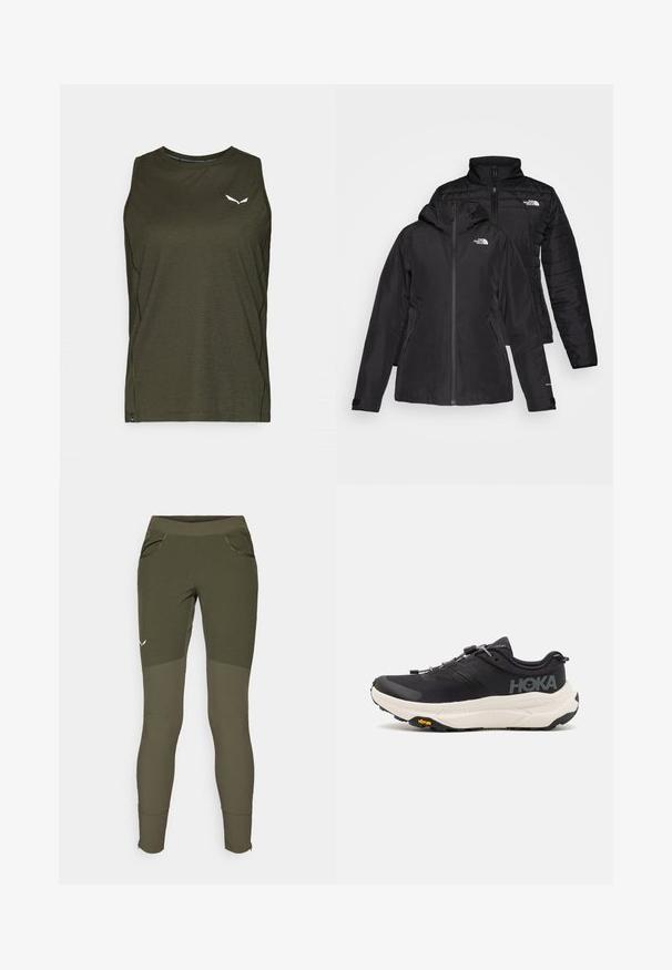 Crna dvoslojna jakna s vodootpornim vanjskim slojem s kapuljačom i podstavljenim unutarnjim slojem. Oba sloja imaju zatvarače i logotipe.; Tamnozelena majica bez rukava s okruglim izrezom, izrađena od lagane tkanine. Sadrži mali bijeli logo na prsima i detalje na bočnim šavovima.; Maslinasto zelene atletske hlače s teksturiranim dizajnom, dva bočna džepa, uskim krojem i patentnim zatvaračima na manžetama za prilagodljive otvorene nogavice.; Crne atletske cipele s prozračnom mrežicom na gornjem dijelu, gumenim potplatom, bijelim amortizirajućim srednjim dijelom i reflektirajućim vezicama. Vibram logo na potplatu.