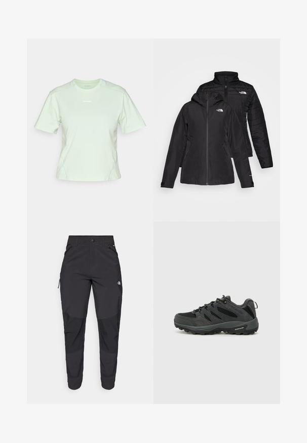 Črna jakna dva-v-enem, ki ima vodoodporen zunanji sloj s kapuco in prešito notranjo plast. Obe plasti imata zadrge in logotipe.; Salomon TRACKLINE TEE - Navadna majica - sea foam; Črne zunanje hlače iz trpežnega materiala. Imajo žepke na zadrgo, ojačane kolenske dele in ravno krojeno zasnovo za prosto gibanje.; Columbia REDMOND - Pohodniški čevlji - black/citron haze