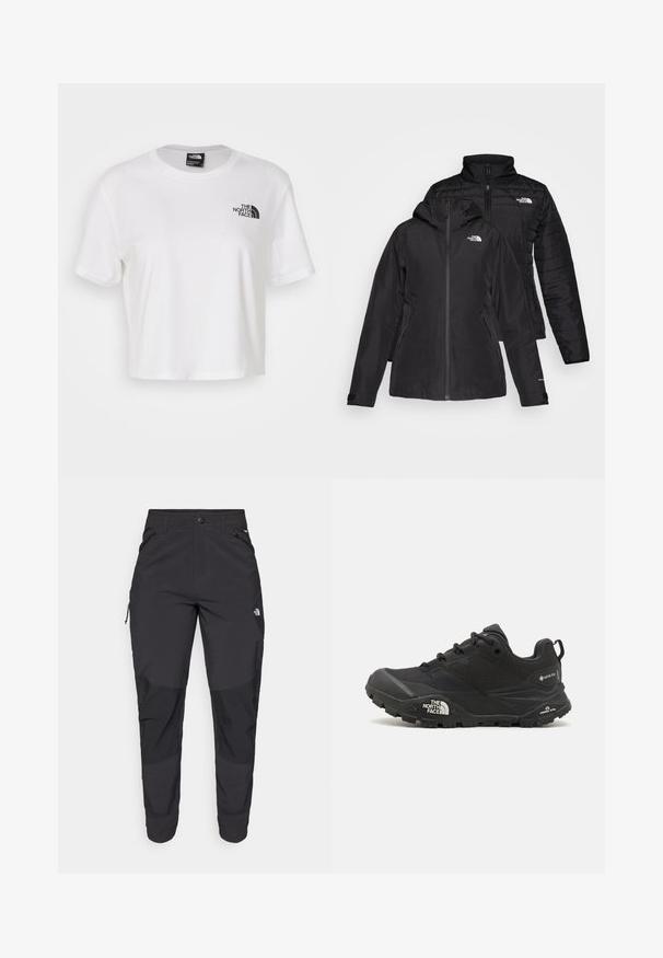 Černá dvoudílná bunda s voděodolnou vnější vrstvou a kapucí a prošívanou vnitřní vrstvou. Obě vrstvy mají zipové uzávěry a loga.; Bílé zkrácené tričko vyrobené z bavlny s kulatým výstřihem a krátkými rukávy. Na levé části hrudi je černé logo.; Černé venkovní kalhoty vyrobené z odolné tkaniny. Mají zipové kapsy, zesílené kolenní panely a rovný střih pro větší pohyblivost.; Černá turistická bota s texturovaným svrškem, šněrováním a masivní gumovou podrážkou, která má výrazné logo po straně a vzory na podrážce.