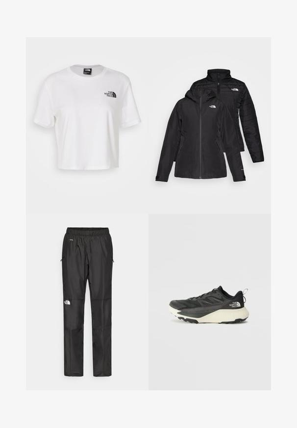 Čierna dvojvrstvová bunda s vodeodolnou vonkajšou vrstvou a kapucňou a prešívanou vnútornou vrstvou. Obe vrstvy majú zipsy a logá.; Biela skrátená tričká vyrobené z bavlny s okrúhlym výstrihom a krátkymi rukávmi. Obsahuje čierne logo na ľavej hrudi.; Čierne vodeodolné nohavice vyrobené z ľahkej tkaniny, s elastickým pásom, bočnými vreckami a logom na ľavom stehne.; Čierna atletická obuv s textúrovaným vrchom, s šedými akcentmi a bielou medzipodrážkou. Obsahuje pútko a výrazné logo značky na päte.