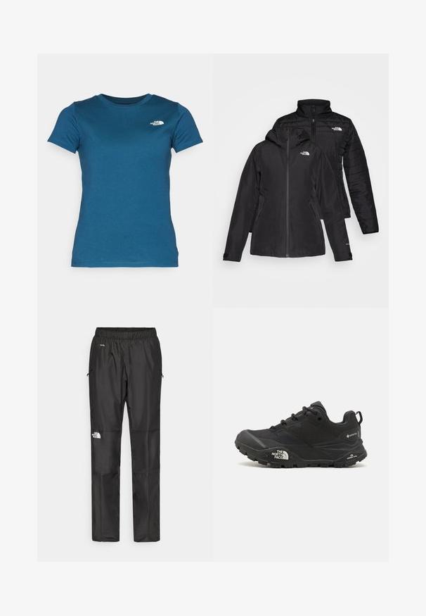 Black two-in-one jacket featuring a waterproof outer layer with a hood and a quilted inner layer. Both layers have zip closures and logos.; The North Face W SS SD SLIM TEE - Basic T-shirt - midnight petrol; Black waterproof pants made from lightweight fabric, featuring an elastic waistband, side pockets, and a logo on the left leg.; Black hiking shoe with a textured upper, lace closure, and a chunky rubber sole featuring a prominent logo on the side and tread patterns.