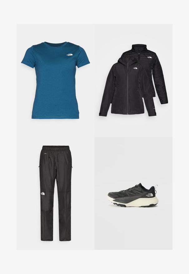 Juodas dvi viename džemperis, turintis nepralaidų išorinį sluoksnį su gobtuvu ir siuvinėtą vidinį sluoksnį. Abu sluoksniai turi užtrauktukų uždarymus ir logotipus.; The North Face W SS SD SLIM TEE - Paprasti marškinėliai - midnight petrol; Juodi nepralaidūs vandeniui kelnių, pagamintų iš lengvos medžiagos, su elastingu juosmeniu, šoninėmis kišenėmis ir logotipu kairiajame šone.; Juodas sportinis batas su tekstūruota viršutine dalimi, su pilkomis detalėmis ir baltu viduriu. Apima pakėlimo juostelę ir ryškų prekės ženklo logotipą ant kulno.