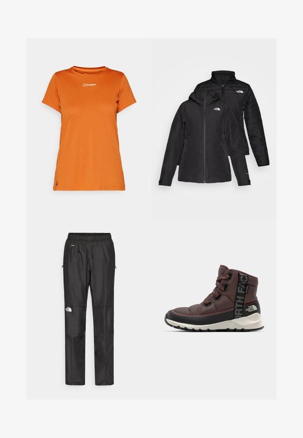 Melnā divu vienā jakā ir ūdensnecaurlaidīgs ārējais slānis ar kapuci un quiltēts iekšējais slānis. Abiem slāņiem ir rāvējslēdzēju aizdare un logotipi.; Īsām piedurknēm oranža t-krekls, izgatavots no teksturēta auduma, uz krūtīm ir neliels balts logo un taisna apakšmala.; Melnas ūdensnecaurlaidīgas bikses, kas izgatavotas no viegla materiāla, ar elastīgu jostu, sānu kabatām un logotipu uz kreisās kājas.; Tumši bordo vidēja augstuma pārgājienu apavi ar melniem akcentiem, teksturētu virsmu, biezu gumijas zoli un izteiksmīgu logotipu malā.