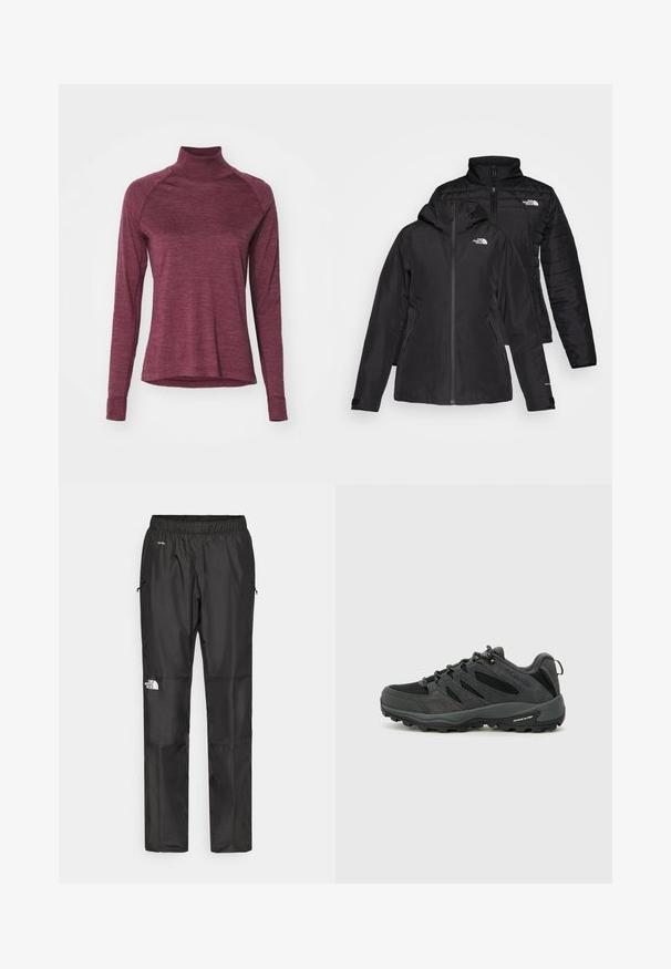 Sort to-i-én jakke med et vandtæt yderlag med hætte og et quiltet inderlag. Begge lag har lynlåslukninger og logoer.; Burgunderrød langærmet turtleneck skjorte med raglanærmer og en blød tekstur. Har en rundet kant og tætsiddende manchetter.; Sorte vandtætte bukser lavet af letvægtsstof, med elastisk talje, sidelommer og et logo på venstre ben.; Columbia REDMOND - Hikingsko - black/citron haze