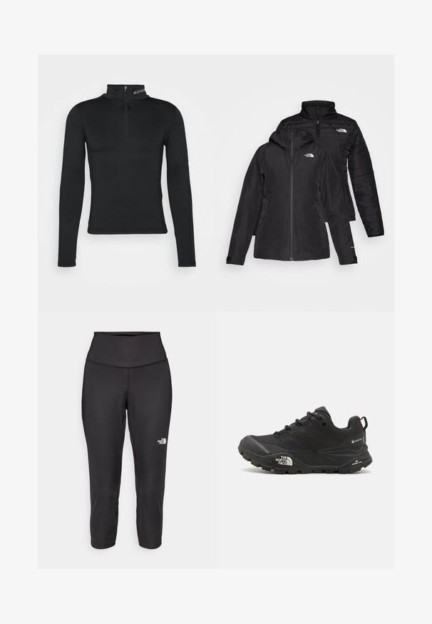 Musta kaksiosainen takki, jossa on vedenpitävä ulkokerros hupun kanssa ja käsitelty sisäkerros. Molemmissa kerroksissa on vetoketju ja logot.; Musta pitkähihaine peruskerrasto, jossa on korkea kaulus ja neljänneksen vetoketju. Tasainen pinta ja tiukka muotoilu optimoidulle suorituskyvylle.; Mustat capri-collegehousut, jotka on valmistettu joustavasta kankaasta. Ne sisältävät korkean vyötärön ja pienen valkoisen logon vasemmalla puolella. Silkkinen pinta.; Musta vaelluskengä, jossa on teksturoitu päällinen, nauhakiinnitys ja paksu kumipohja, jossa on näkyvä logo sivulla ja kavennuskuviointi.