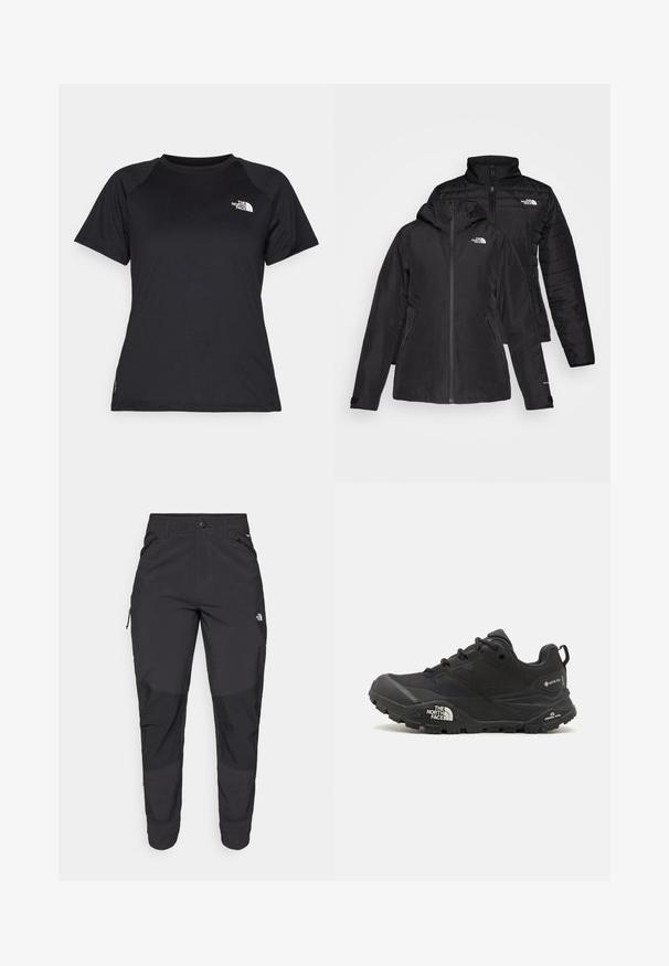 Svart to-i-én-jakke med et vanntett ytterlag og hette, samt et quiltet indre lag. Begge lagene har glidelåslukking og logoer.; Sort svart treningst-skjorte med korte ermer og rund hals, med The North Face-logoen på øvre venstre bryst.; Svart utendørsbukser laget av slitesterkt stoff. Har glidelåslommer, forsterkede knær og en rett skjæring for bevegelighet.; Svart tursko med teksturert overdel, snøring og en kraftig gummisåle som har et fremtredende logo på siden og mønster i sålen.