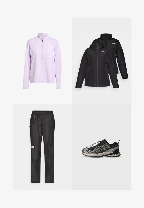 Črna jakna dva-v-enem, ki ima vodoodporen zunanji sloj s kapuco in prešito notranjo plast. Obe plasti imata zadrge in logotipe.; Lila pulover s četrtinskim zadrgo, narejen iz nežnega blaga, z dolgimi rokavi, žepom na prsih in belim logotipom "TERREX".; Črne nepremočljive hlače iz lahkega materiala, z elastičnim pasom, stranskimi žepi in logotipom na levi nogi.; Črne in sive športne čevlje z mrežasto zgornjim delom, gumijastim podplatom in elastiko za vezalke. Imajo ojačan prst in teksturirane detajle.