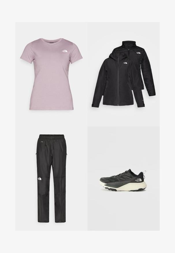 Melnā divu vienā jakā ir ūdensnecaurlaidīgs ārējais slānis ar kapuci un quiltēts iekšējais slānis. Abiem slāņiem ir rāvējslēdzēju aizdare un logotipi.; The North Face W SS SD SLIM TEE - Pamata T-krekls - purple chalk; Melnas ūdensnecaurlaidīgas bikses, kas izgatavotas no viegla materiāla, ar elastīgu jostu, sānu kabatām un logotipu uz kreisās kājas.; Melna sporta kurpe ar teksturētu augšdaļu, kurai ir pelēki akcenti un balts vidusdaļa. Ietver vilkšanas cilpu un izteiktu zīmola logo uz papēža.