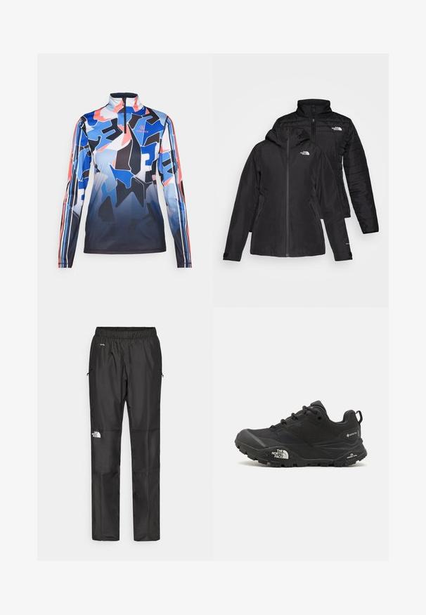 Black two-in-one jacket featuring a waterproof outer layer with a hood and a quilted inner layer. Both layers have zip closures and logos.; Bogner Fire + Ice Long sleeved top - multicolor; Black waterproof pants made from lightweight fabric, featuring an elastic waistband, side pockets, and a logo on the left leg.; Black hiking shoe with a textured upper, lace closure, and a chunky rubber sole featuring a prominent logo on the side and tread patterns.