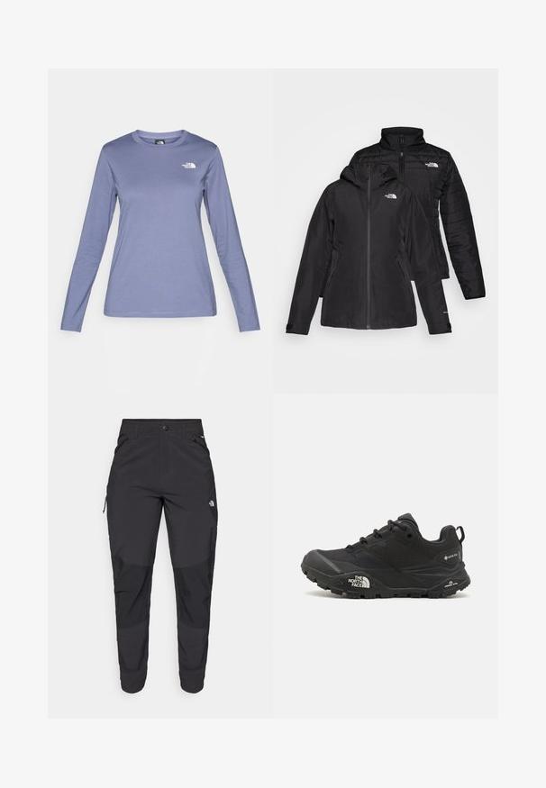 Melnā divu vienā jakā ir ūdensnecaurlaidīgs ārējais slānis ar kapuci un quiltēts iekšējais slānis. Abiem slāņiem ir rāvējslēdzēju aizdare un logotipi.; Gari ilga piedurkne krekls gaiši purpura audumā, ar apaļu kaklu un The North Face logo baltā krāsā kreisajā krūšu daļā. Gluda tekstūra, ikdienas piegriezums.; Melnas āra bikses, kas izgatavotas no izturīgas auduma. Tām ir kabatas ar rāvējslēdzējiem, pastiprināti ceļu paneļi un taisna griezuma dizains, kas nodrošina kustību brīvību.; Melnas pārgājienu kurpes ar teksturētu augšdaļu, sašņorējumu un masīvu gumijas zoli, kurai ir izteikts logotips sānos un protektora raksti.