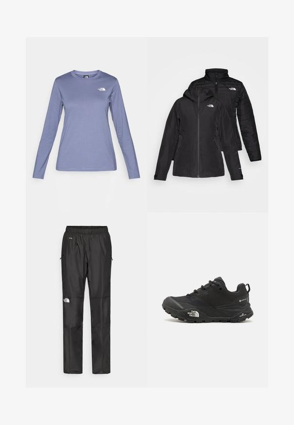 Črna jakna dva-v-enem, ki ima vodoodporen zunanji sloj s kapuco in prešito notranjo plast. Obe plasti imata zadrge in logotipe.; Majica z dolgimi rokavi iz svetlo vijoličnega blaga, z okroglo ovratnikom in logotipom The North Face v beli barvi na levi strani prsnega koša. Gladka tekstura, sproščeno prileganje.; Črne nepremočljive hlače iz lahkega materiala, z elastičnim pasom, stranskimi žepi in logotipom na levi nogi.; Črne pohodne čevlje z teksturirano zgornjim delom, vezalnim zapiranjem in masivnim gumijastim podplatom, ki ima opazen logotip na strani in vzorce profila.